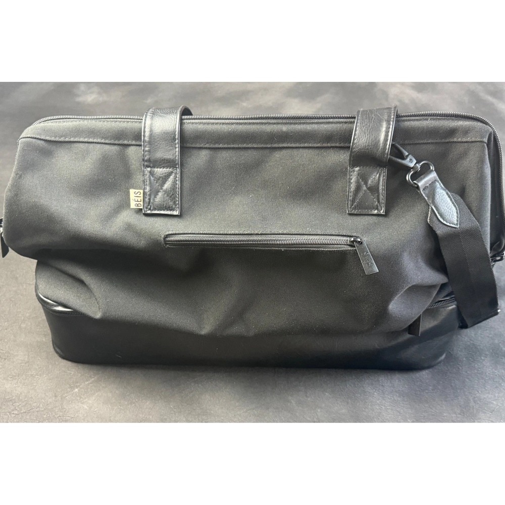 BEIS The Weekender Bag Black Canvas Travel Duffel Laptop Sleeve Bottom Shoe Comp